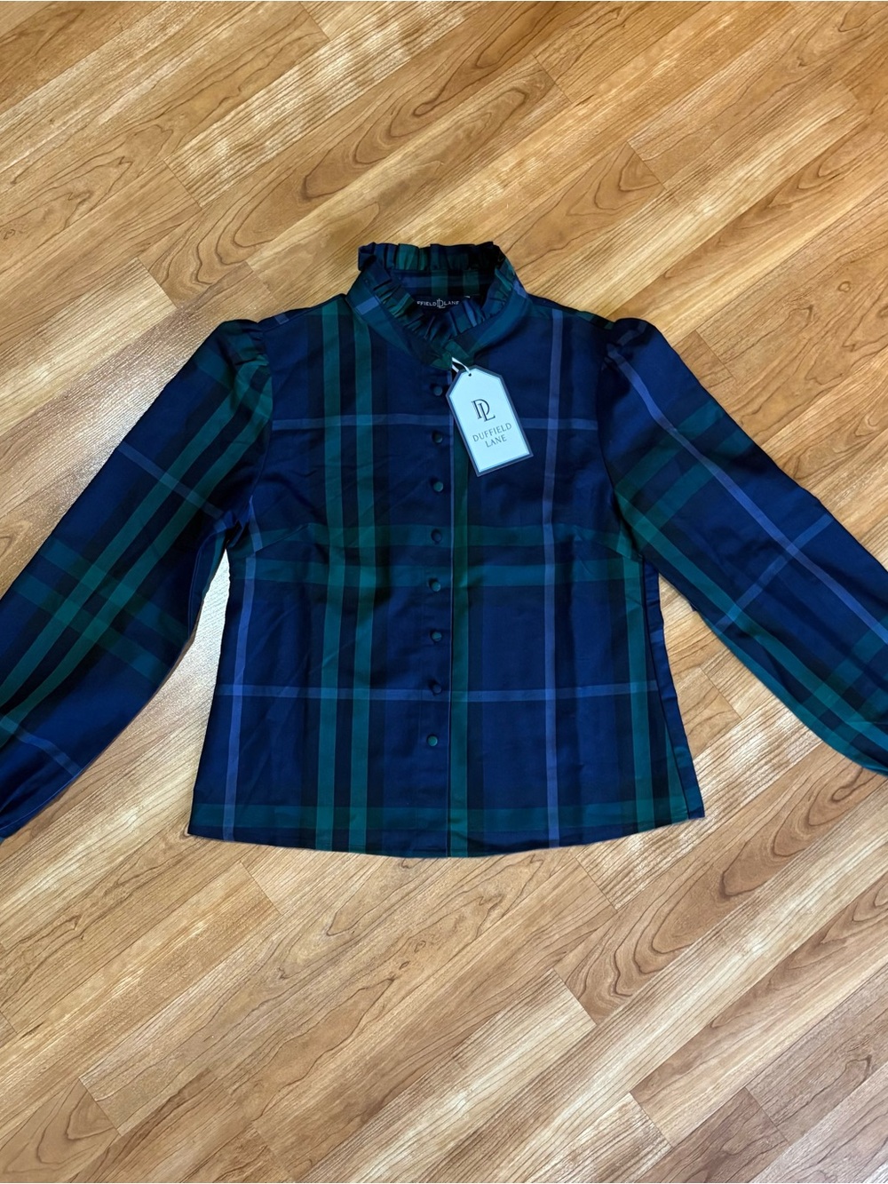 Duffield Lane Women's MILLER TOP NAVY PLAID ruffle collar Size S NWT MSRP $197 - Picture 5 of 14